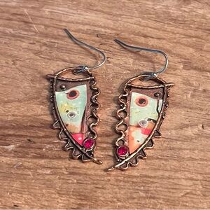 Artisan Copper Enamel Earrings 1.25” Matisse-Style Boho Dangle Pair